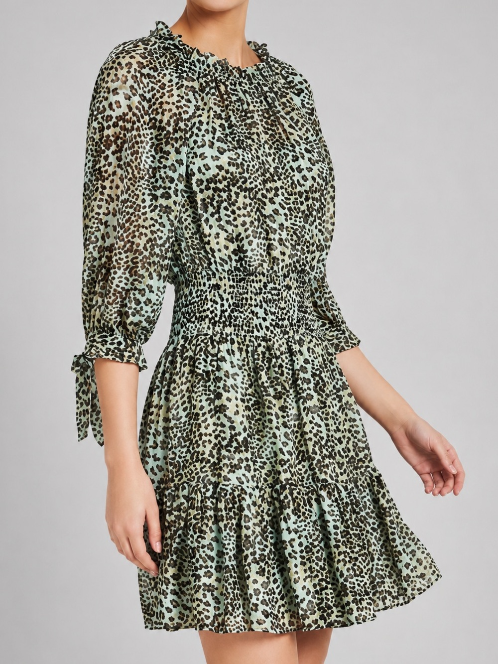 🐆🌿 Rebecca Taylor Silk Blend Leopard Print Smocked Mini Dress XS Ruffle Sleeves